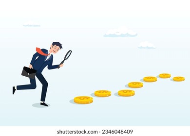 Curios businessman with magnifier inspect and follow money coins trail, searching for investment opportunity, financial success or salary raise, inspect way to make profit and earning (Vector)