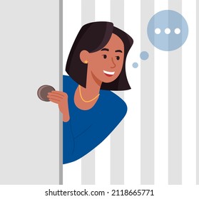 Curiosity Abstract Concept. Cheerful Curious Woman Peeking Out Behind Door, Looking For Something Or Spying On Someone. Female Character Asks Or Says Something. Cartoon Flat Vector Illustration