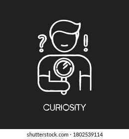 Curiosity chalk white icon on black background. Human feeling, personal quality. Search for answer, problem solution. Curious person holding magnifying glass. Isolated vector chalkboard illustration