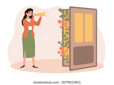 Curiosity and cognition. Girl with binoculars spying on neighbor. Character wants to know other peoples secrets. Espionage, female exploring and observe process. Cartoon flat vector illustration