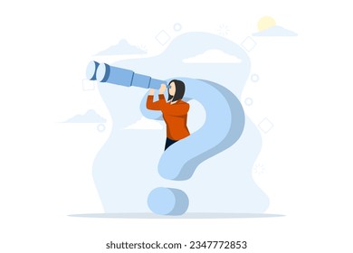 Curiosity concept exploring the unknown, looking for solutions or new business opportunities, curious businesswoman with big question mark looking through binoculars for new business ideas.