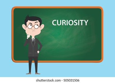 curiosity concept illustration with business man think or curious about something with board as background
