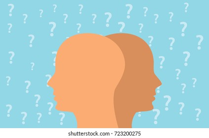 a curiosity concept illustration with head and question mark with blue background 