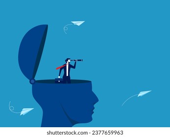 Curiosity concept. man opens idea in head using binoculars 