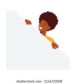 Curiosity Concept. Smiling African Woman Spying, Monitoring and Searching. Happy Curious Person Peeking From Behind Wall with White Rectangular Shape, Character Peeping. Cartoon Vector Illustration