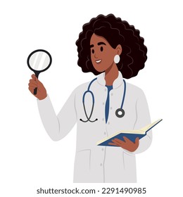 Curiosity concept. Smiling female black woman with a tablet and a stethoscope, standing looking at something with a magnifying glass.