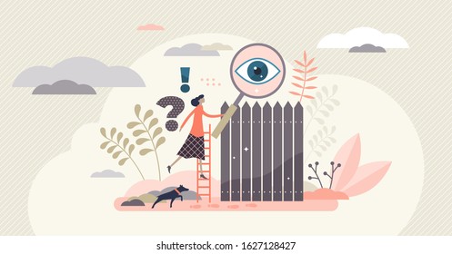 Curiosity concept vector illustration. Flat tiny woman person learning and exploring new things. Work on mystery puzzle solution and gathering clues. Searching personal secret data and solving riddle.