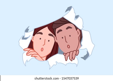 Curiosity and discovery concept. Shocked couple peeking through torn paper hole, spying woman and man, surprised girl and boy looking through wall, emotional reaction. Simple flat vector