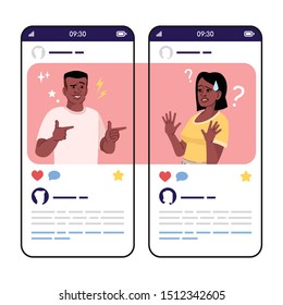 Curiosity and disgust social media posts smartphone app screen. Mobile phone displays with cartoon characters design mockup. Interest, dislike. Chatting, social network application telephone interface