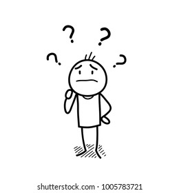 Curiosity Doodle, a hand drawn vector doodle illustration of a curious stick figure filled with question marks over his head.