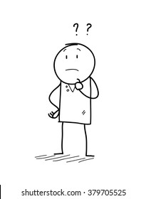 Curiosity Doodle, a hand drawn vector illustration of a curiosity concept, depicting a stick figure character with question marks over his head.