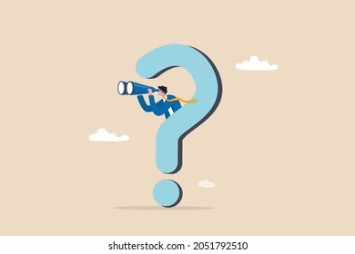 Curiosity explore unknown, search for solution or new business opportunity, seek for success concept, curios businessman with huge question mark look through binoculars to search for new business idea