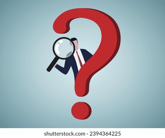 Curiosity explore unknown, search for solution or new business opportunity, seek for success concept, curios businessman with huge question mark look through binoculars to search for new business idea