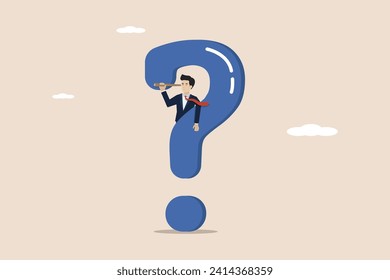 Curiosity explore unknown, search for solution or new business opportunity, curiosity businessman with big question mark looking through telescope to look for new business ideas.