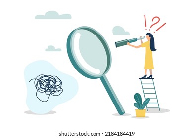 Curiosity explore unknown,seek for success concept,search for solution or new business opportunity, curios businesswoman with huge question mark look through binoculars to search for new business idea