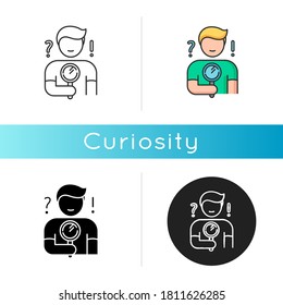 Curiosity icon. Human feeling, personal quality. Linear black and RGB color styles. Search for answer, problem solution. Curious person holding magnifying glass. Isolated vector illustrations