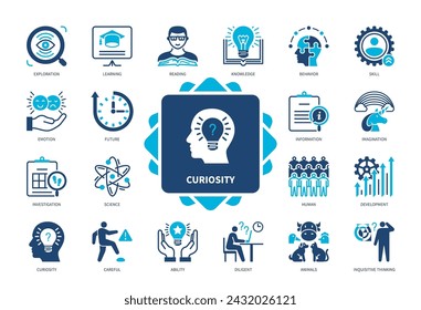 Kuriositäts-Symbolsatz. Erforschung, Erforschung, Tiere, menschlich, fleißig, neugierig denken, Lösung, vorsichtig. Zweifarbige Volltonsymbole