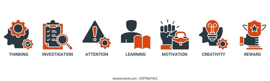 Curiosity icon set. Vector illustration concept with icon of thinking, investigation, attention, learning, motivation, creativity, and reward icons. Solid color vector symbol background.
