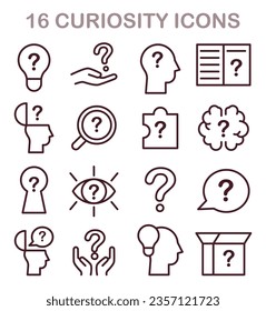 Curiosity icons set. Simple images for inquisitiveness and openness to new ideas and concepts. Psychological quality or soft skill symbol, willingness to discover and study. Flat vector illustration