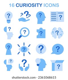 Curiosity icons set. Simple images for inquisitiveness and openness to new ideas and concepts. Psychological quality or soft skill symbol, willingness to discover and study. Flat vector illustration