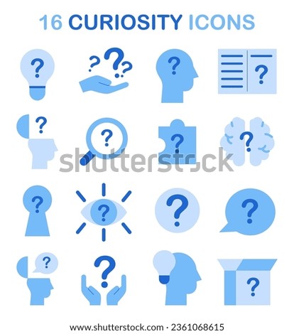 Curiosity icons set. Simple images for inquisitiveness and openness to new ideas and concepts. Psychological quality or soft skill symbol, willingness to discover and study. Flat vector illustration