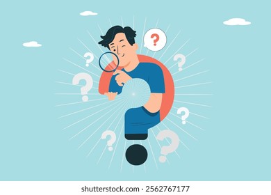 Curiosity illustration. Person searching for answers with a magnifying glass, problem-solving, representing curiosity and exploration.