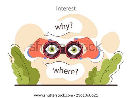 Curiosity. Inquisitiveness and openness to new ideas and concepts. Psychological quality or soft skill, willingness to discover and study. Flat vector illustration