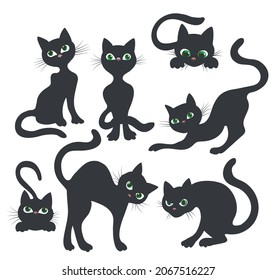 Curiosity kitten silhouettes. Cat silhouettes, proud curious cute sitting walking house animal character poses vector set, black kittens isolated illustration