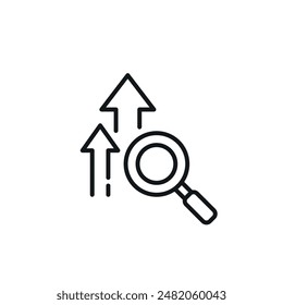 Curiosity. Magnifying glass and up arrows linear icon. Line customizable illustration. Contour symbol. Vector isolated outline drawing. Editable stroke