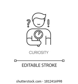 Curiosity Pixel Perfect Linear Icon. Personal Quality Thin Line Customizable Illustration. Contour Symbol. Curious Person Holding Magnifying Glass. Vector Isolated Outline Drawing. Editable Stroke