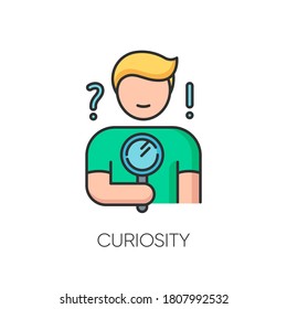 Curiosity RGB color icon. Human feeling, personal quality. Search for answer, problem solution. Curious person holding magnifying glass. Isolated vector illustration