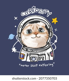 curiosity slogan with cute kitten in astronaut suit vector illustration