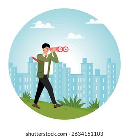 Curiosidade ou conceito de vigilância, curioso empresário usando binóculos, de pé em uma área cênica, vendo um fundo de paisagem urbana. Representa exploração, busca de oportunidades.