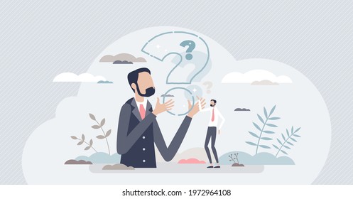 Curiosity and thinking about questions and examining them tiny person concept. Mind training and dilemma situations as brain exercise vector illustration. Cognitive process and curious thoughts scene.