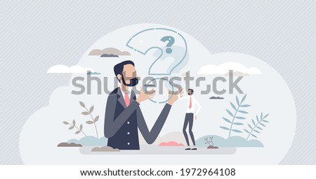 Curiosity and thinking about questions and examining them tiny person concept. Mind training and dilemma situations as brain exercise vector illustration. Cognitive process and curious thoughts scene.
