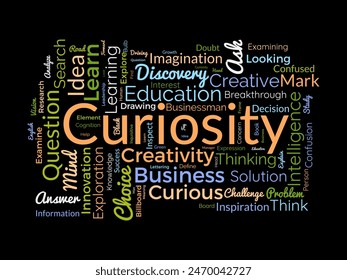 Curiosity word cloud template. Discovery concept vector tagcloud background.