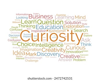 Curiosity word cloud template. Discovery concept vector tagcloud background.