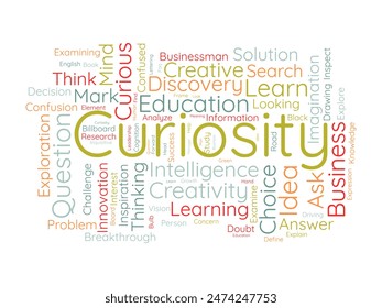 Plantilla de nubes de palabras de Curiosity. Fondo de tagcloud de Vector de concepto de descubrimiento.