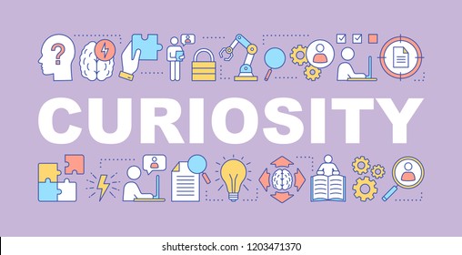 Curiosity Word Concepts Banner. Presentation, Website. Gain Knowledge. Learning, Study. Intelligence. Thinking. Isolated Lettering Typography Idea With Linear Icons. Vector Outline Illustration