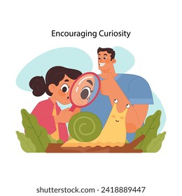 Curiosity in youth concept. Little girl and father exploring snail in wild with magnifying glass. Discovering world and nature wonders. Supporting child thirst for knowledge. Flat vector illustration