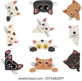 Curious adorable cat peeking for corner decoration in hand drawn style