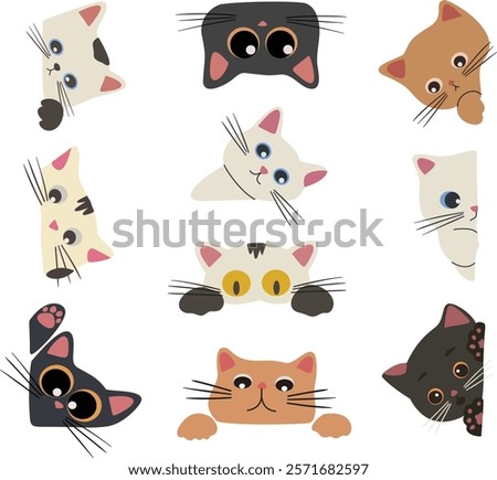 Curious adorable cat peeking for corner decoration in hand drawn style