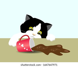 Curious adorable tuxedo cat spilled coffee on table. Isloated on light blue background. Vector Illustration. Idea for funny bad cat behavior/instinct.