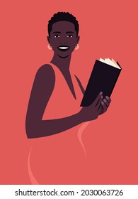 A curious African woman is standing and holding a book in her hands. Reading books. Libraries and bookstores. Vector flat illustration