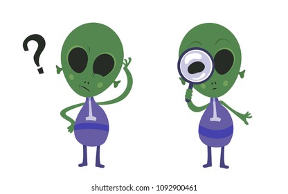 curious alien set. asks a question and looking through a magnifying glass. doesn't understand, looking. cartoon vector illustration
