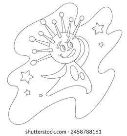 Curious alien wondering looking up into space. Black and white. Cartoon vector illustration for children's coloring book. Worksheet.