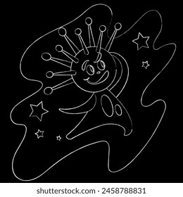 Curious alien wondering looking up into space on black background. White charcoal-pencil outline. Cartoon vector illustration.