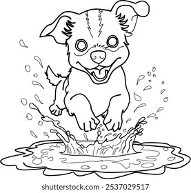 Um cachorro bebê curioso salpicando em uma poça, desenho de linha, arte de linha simples, colorindo estilo da página, fundo branco