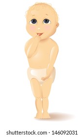 Curious baby with finger in mouth full growth on a white background