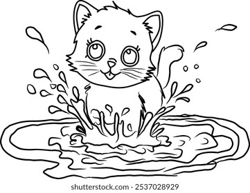 Um bebê curioso Kitty salpicando em uma poça, desenho de linha, arte de linha simples, colorindo estilo de página, fundo branco